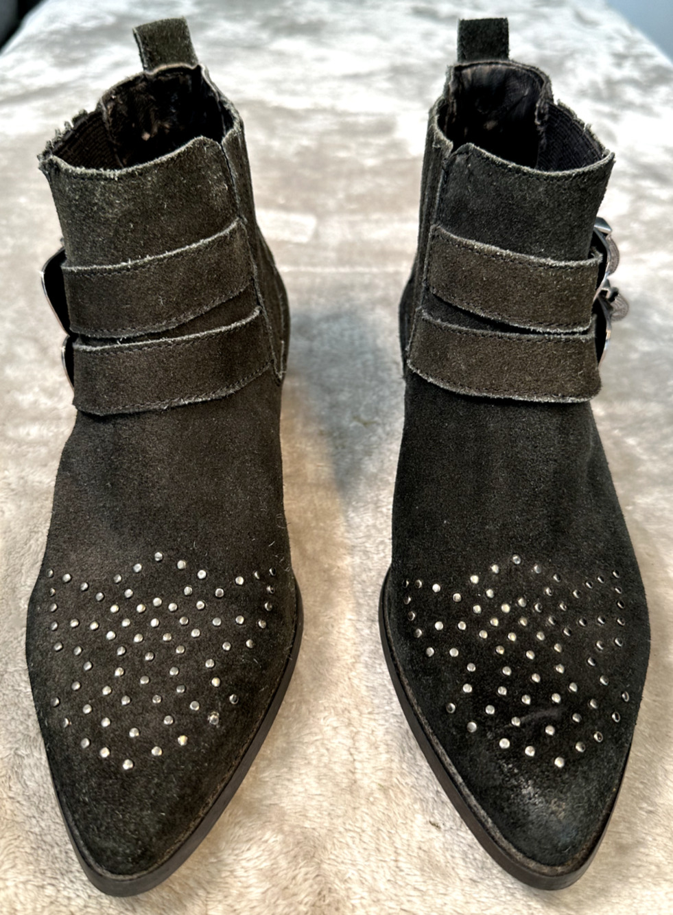 Steve Madden Nann Black Suede Western Ankle Boots Studded Buckle Womens Size 8